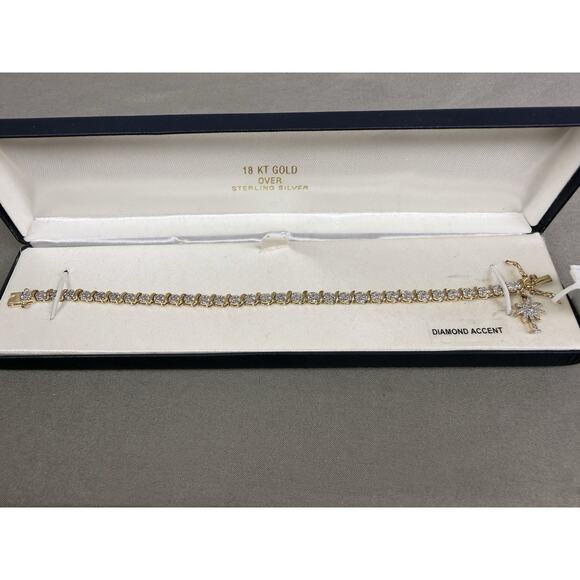 18K Gold Over Sterling Silver Diamond Accent Tennis Bracelet W/ Palm Tree Charm - Picture 2 of 7